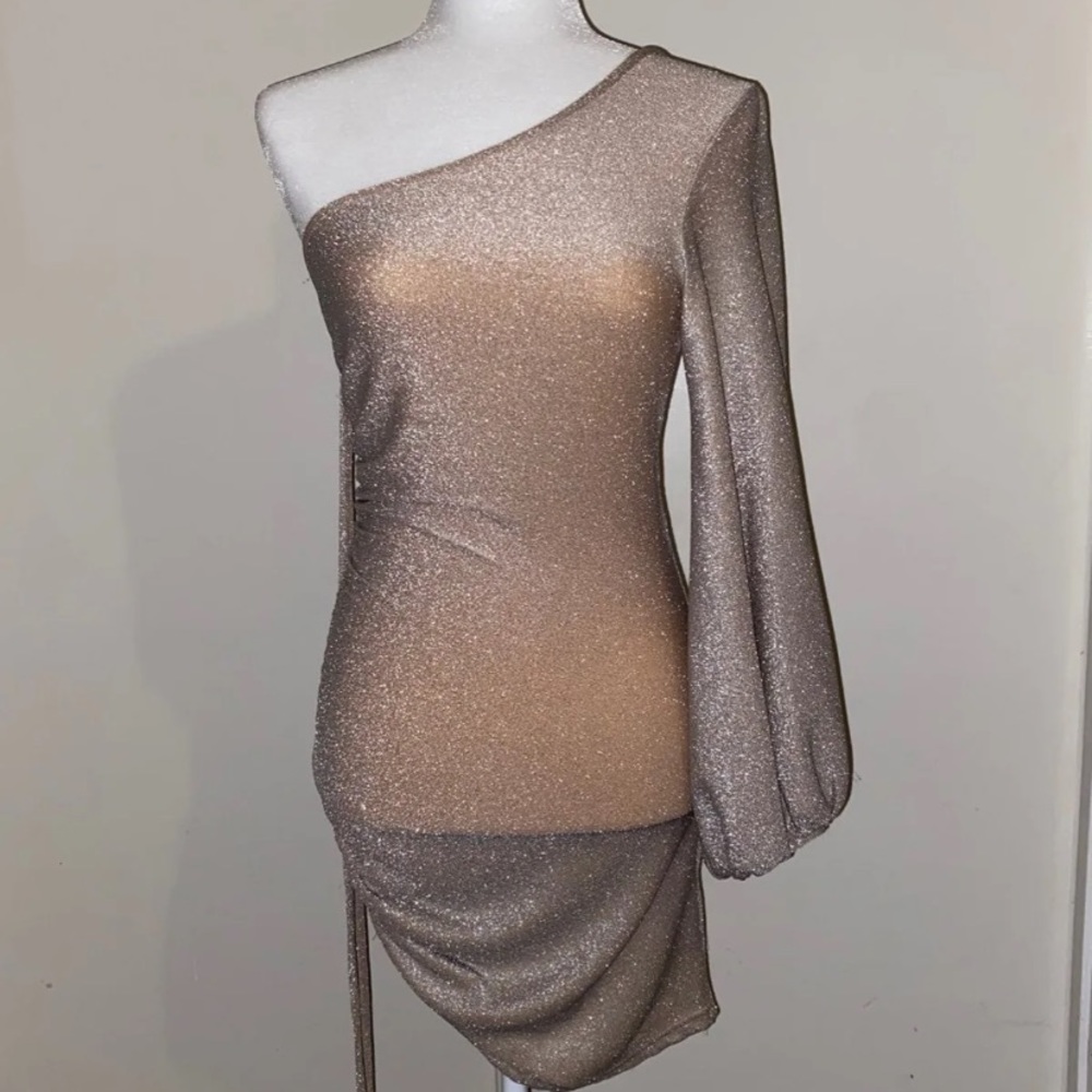 Long sleeve, one shoulder gold glitter dress